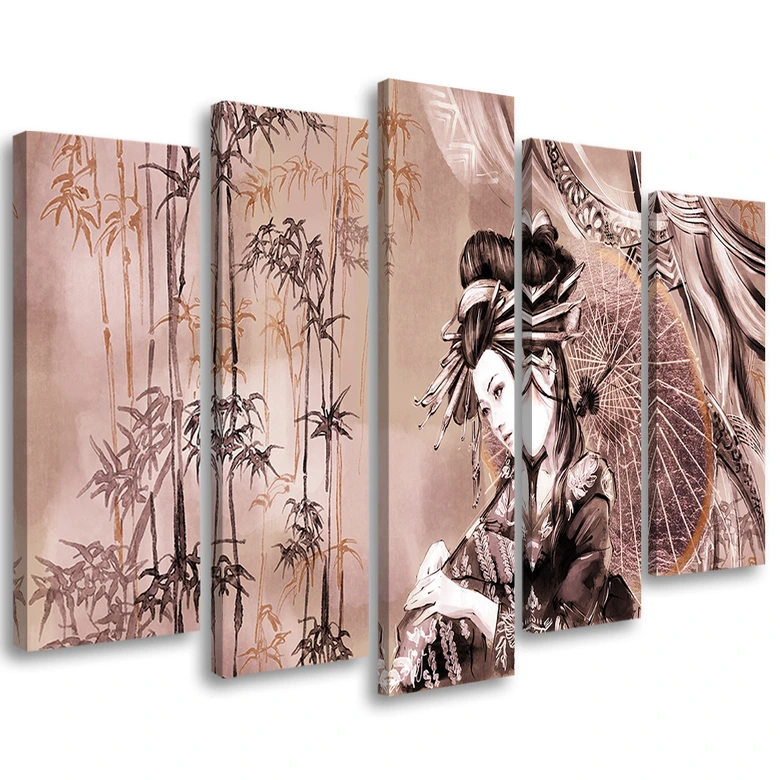 Leinwandbild 5 teilig, Geisha und Bambus 
