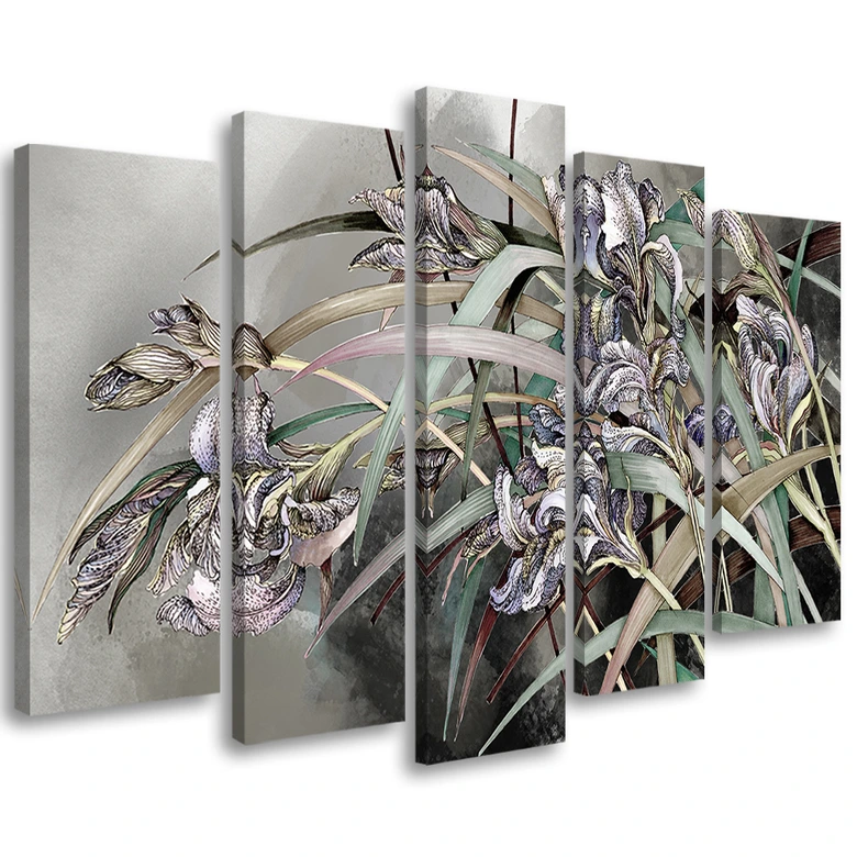 Leinwandbild 5 teilig, Iris Blumen im Wind 