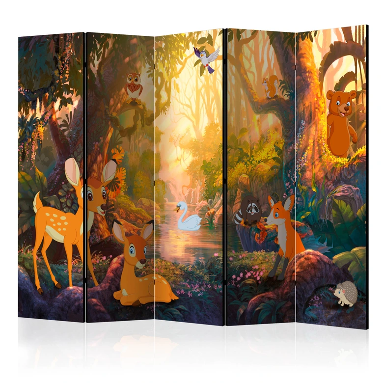 Paravent, Raumteiler freistehend, Trennwand - Tiere im Wald , 5-teilig - 225x172 cm 