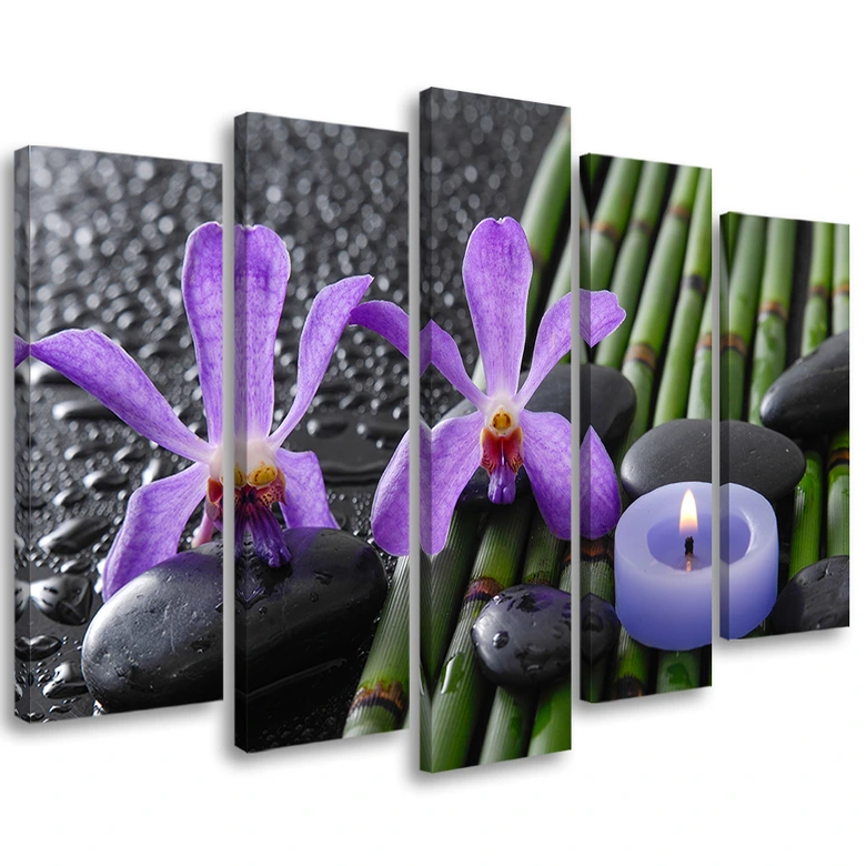 Leinwandbild 5 teilig, Bambus Zen Blume Kerze 