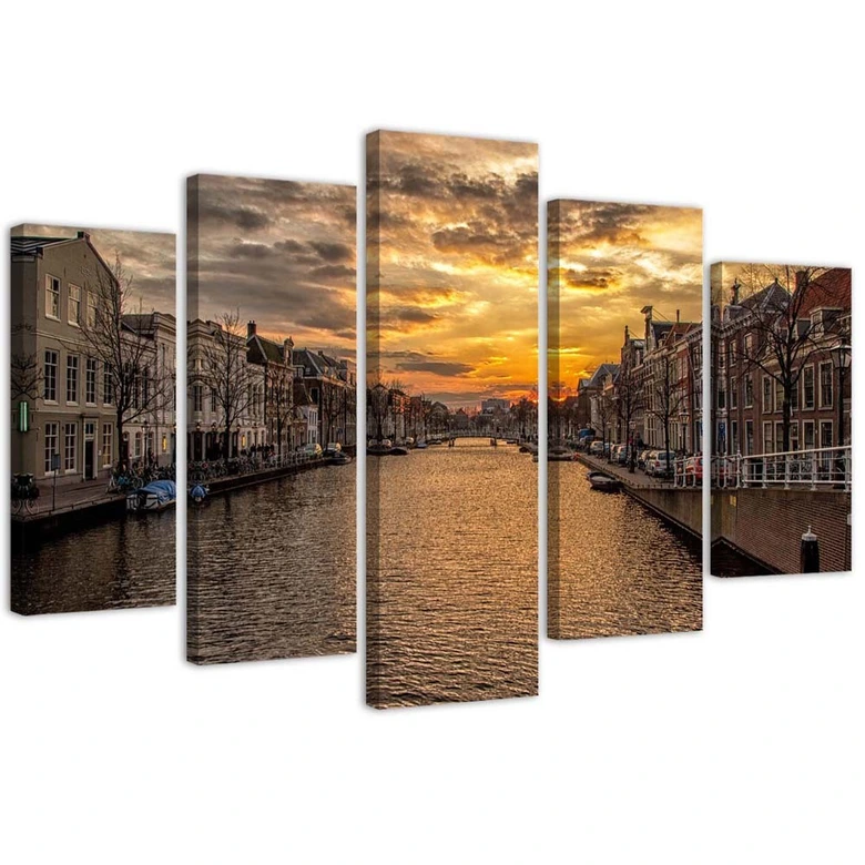 Leinwandbild 5 teilig, Stadt Fluss Sonnenuntergang 