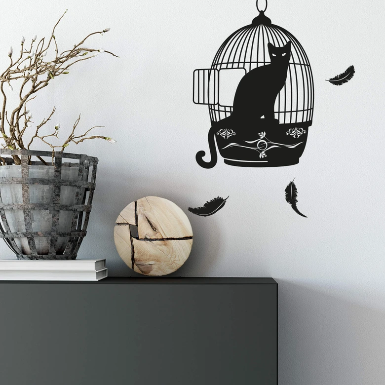 Wandtattoo Vogelkäfig mit Katze 