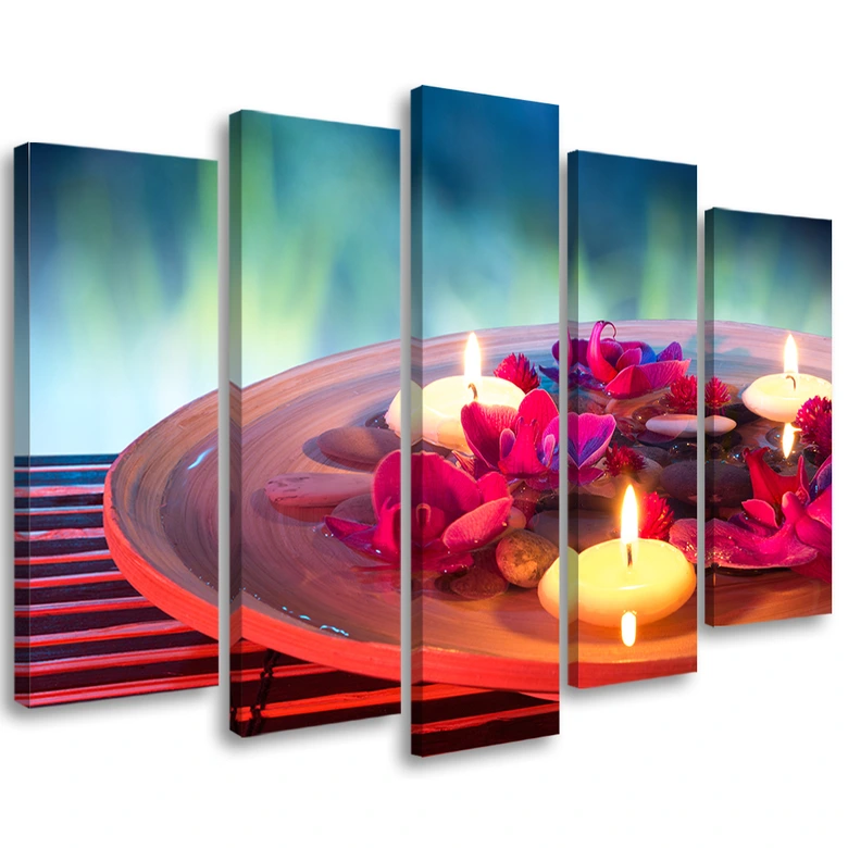 Leinwandbild 5 teilig, Zen Blumen Kerze Wellness 