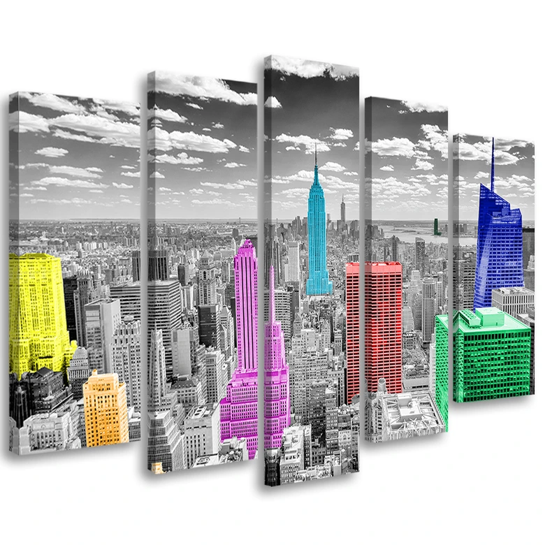 Wandbild 5-teilig, Bunte New York Stadt Panorama 