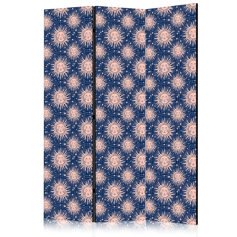 Paravent, Raumteiler freistehend, Trennwand - Sunny Patterns - Repeating Sun Motif on a Navy Background 
