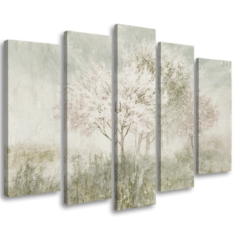 5-delige canvasprint, een bloeiende boom in de wei 