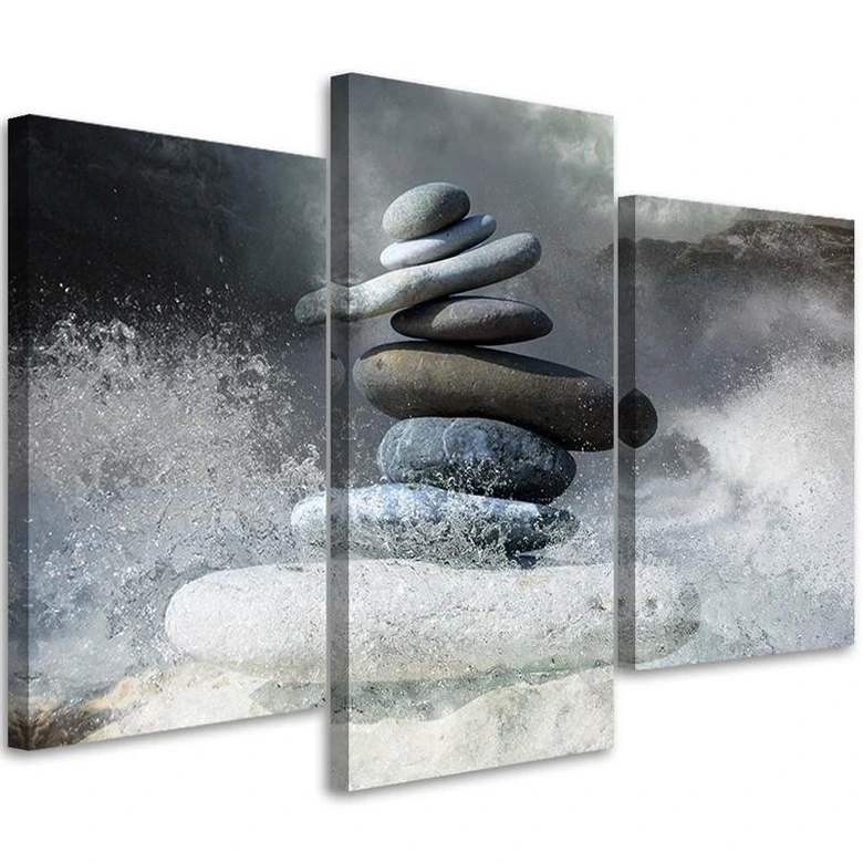 Leinwandbild 3-teilig, Steine Zen Meer Wellen 