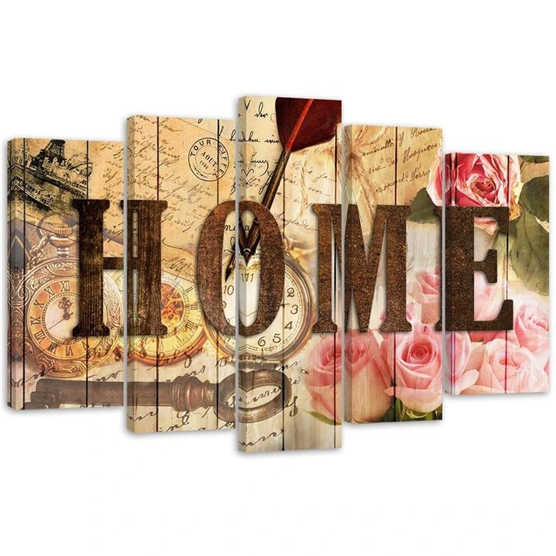 Wandbild 5-teilig, Home Retro Blumen Aufschrift 
