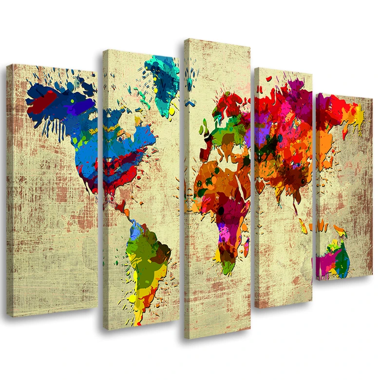 Leinwandbild 5 teilig, Bunte Weltkarte 