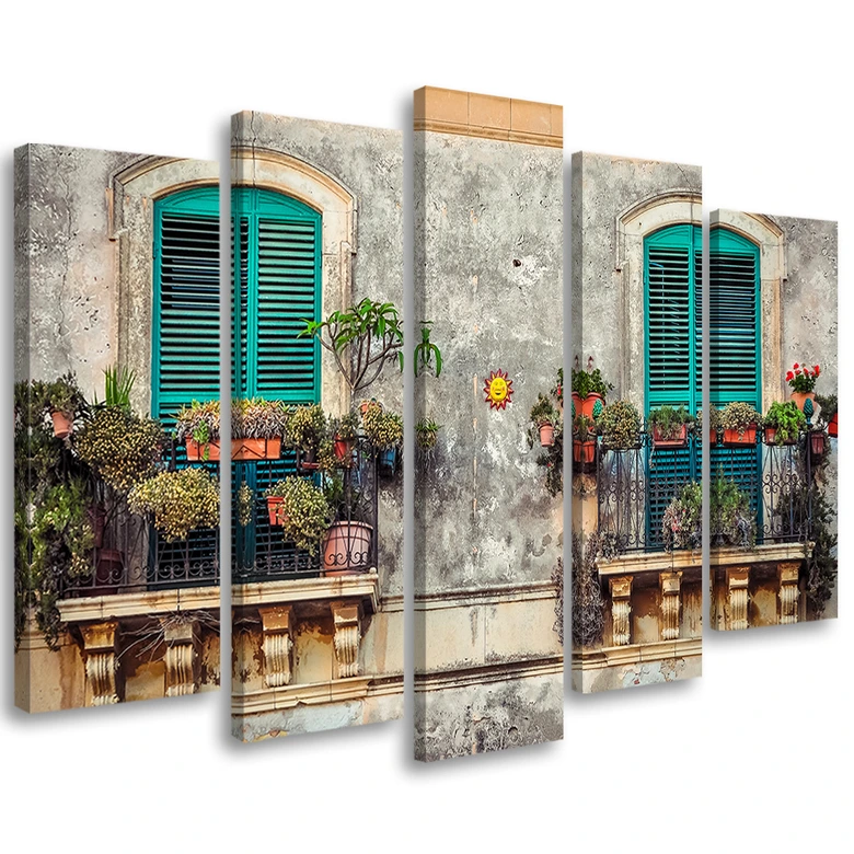 Leinwandbild 5 teilig, Straße Italien Fenster Blumen 