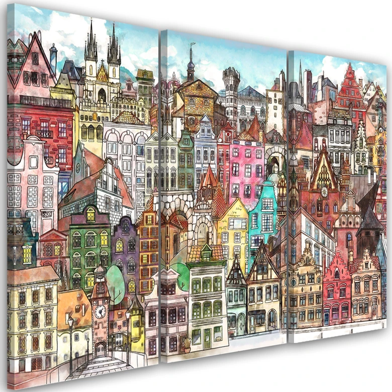 Leinwandbild 3 teilig, Fröhliche Stadt 