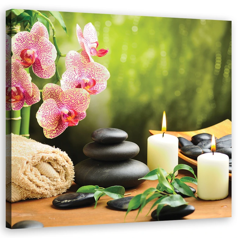 Leinwandbild, Orchideen Kerzen Zen Steine 