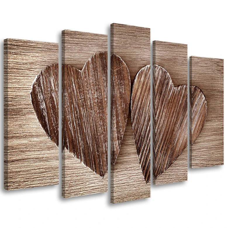 Wandbild 5-teilig, Herz Holz Braun Retro 