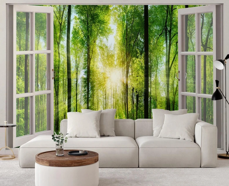 Fototapete Fensterblick Sonnenstrahlen im Wald 