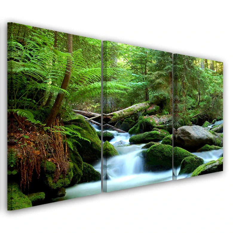 Leinwandbild 3-teilig, Wald Felsen Wasserfall 