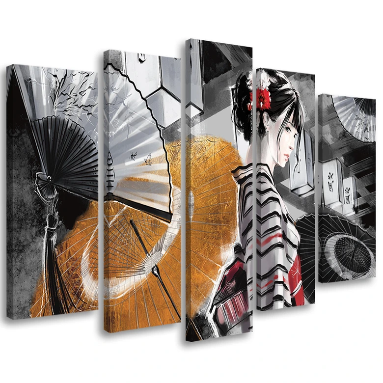 Leinwandbild 5 teilig, Geisha mit einem Fan 