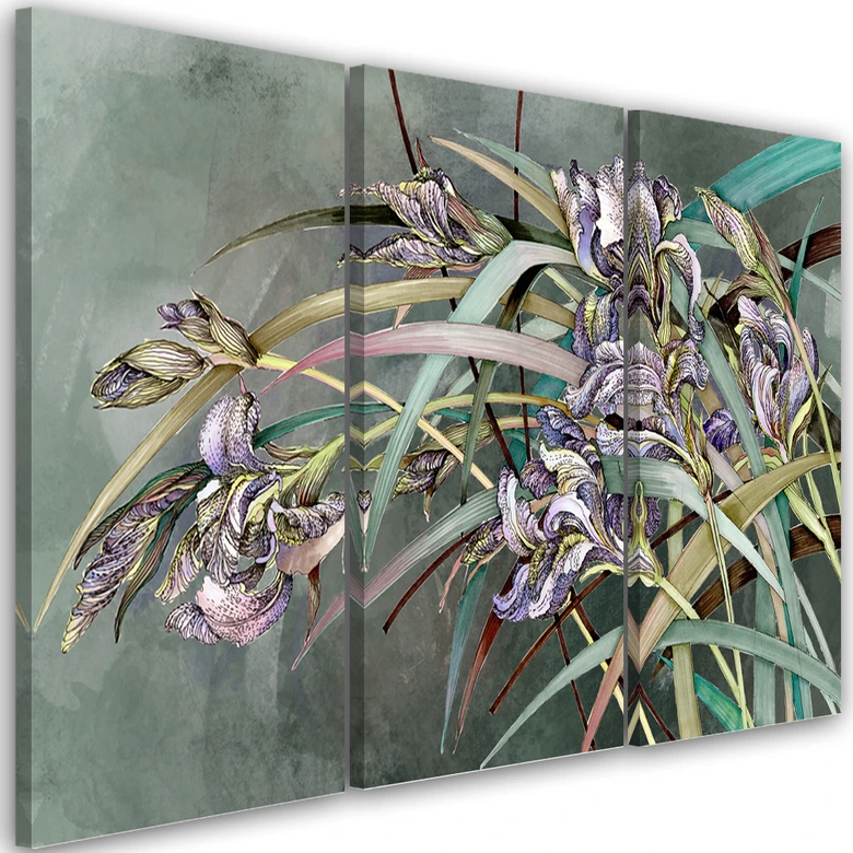 Leinwandbild 3 teilig, Iris Blumen im Wind 