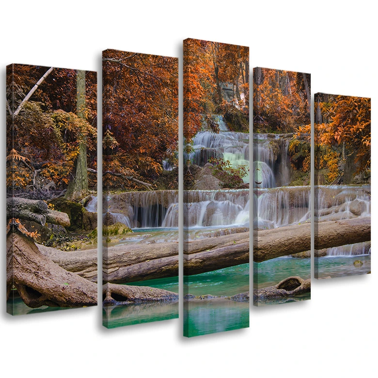Leinwandbild 5 teilig, Wasserfall Herbst Wald 