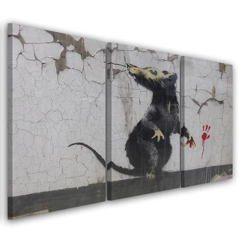 Leinwandbild 3-teilig, Banksy Straßenkunst Ratte 