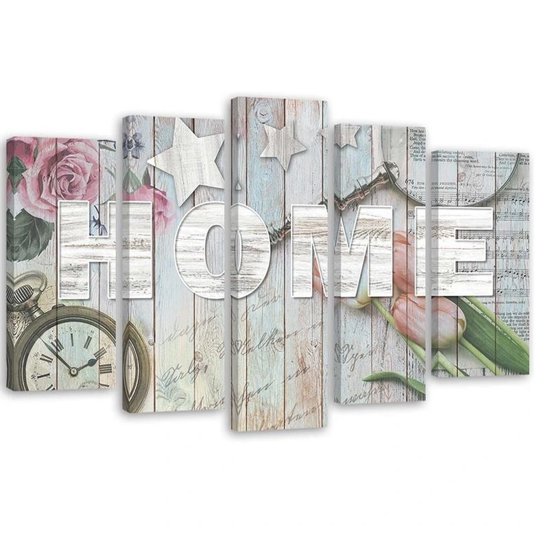Leinwandbild 5 teilig, Home Holz Inschrift Blumen 