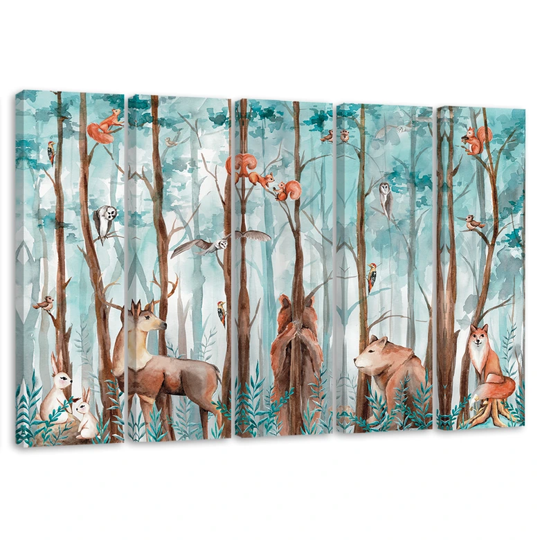 Leinwandbild 5 teilig, Waldtiere Hirschbär Fuchs 