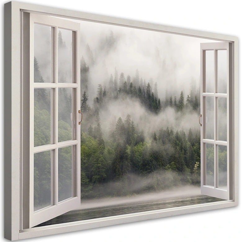 Leinwandbild, Fensterblick Wald im Nebelsee 