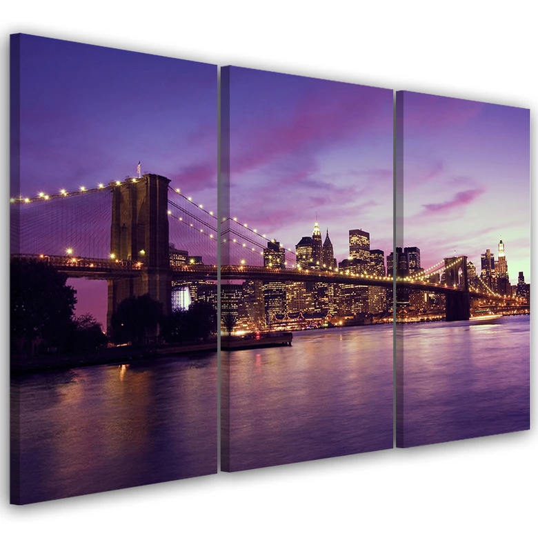 Leinwandbild 3-teilig, New York Brooklyn Bridge Lila 