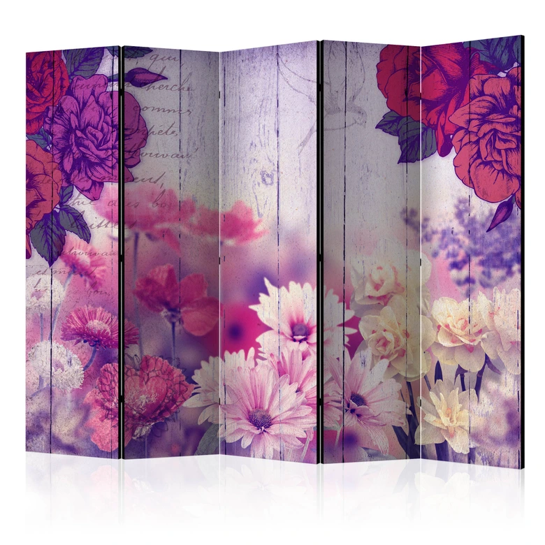 Paravent, Raumteiler freistehend, Trennwand - Flowers Memories II, 5-teilig - einseitig bedruckt - 225x172 cm 