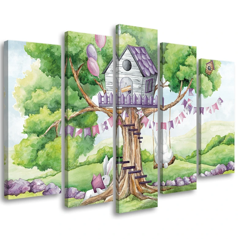 Leinwandbild 5 teilig, Weiße Kaninchen Hütte auf dem Baum 