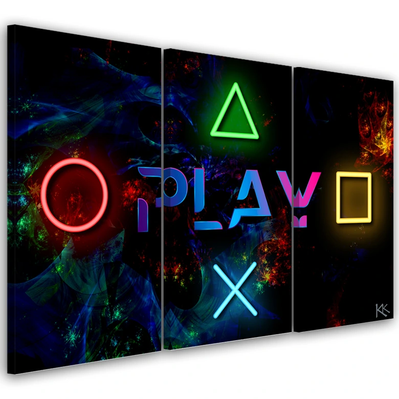 Leinwandbild 3 teilig, Spielen Sie Inschrift und Tasten für den Controller 