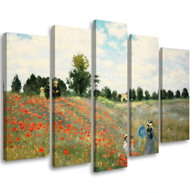 Wandbild 5-teilig, Mohnblumenfeld Claude Monet 