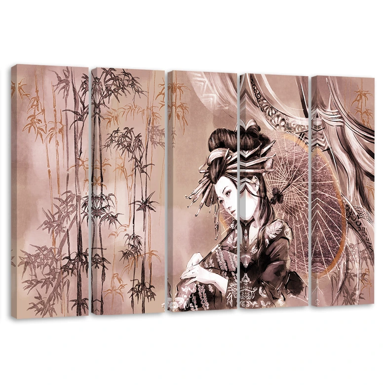 Leinwandbild 5 teilig, Geisha und Bambus 