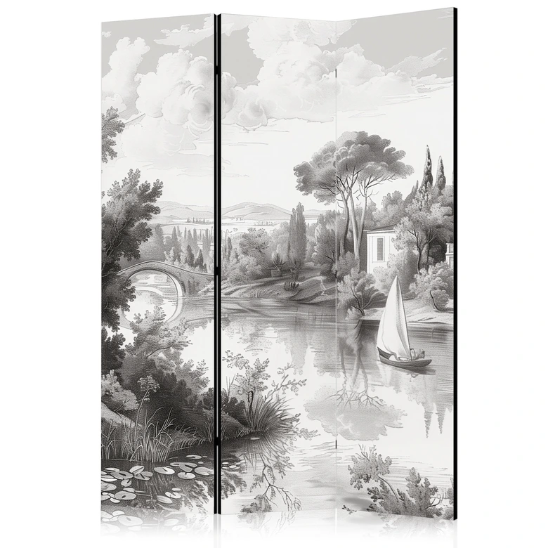 Paravent, Raumteiler freistehend, Trennwand - Black and White Vintage Landscape: Pond with Boat 