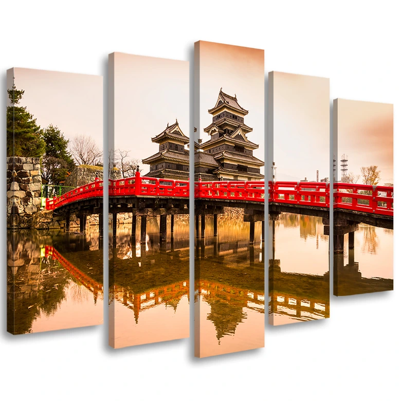 Leinwandbild 5 teilig, Japan Brücke Bäume Natur 