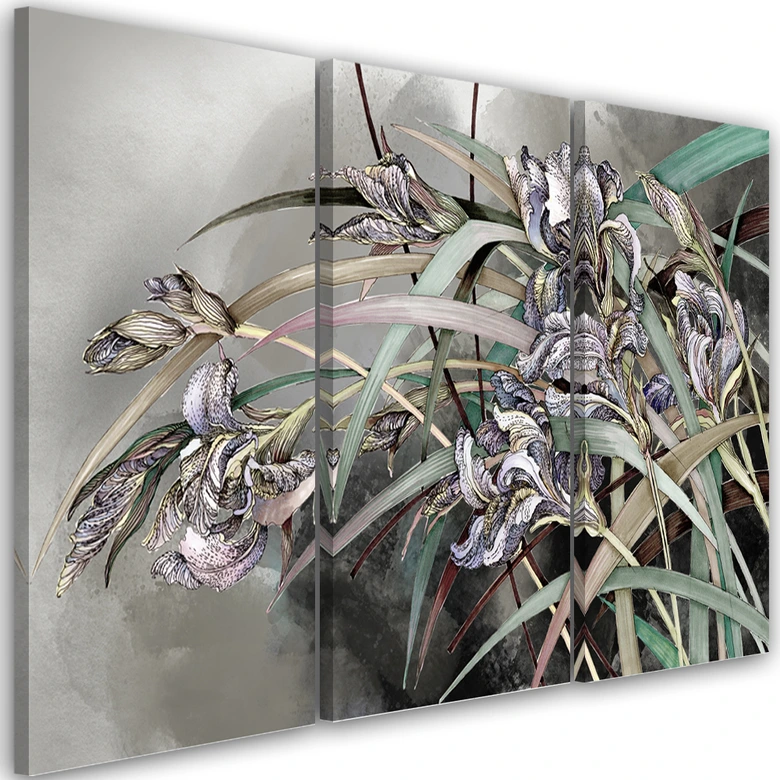 Leinwandbild 3 teilig, Iris Blumen im Wind 