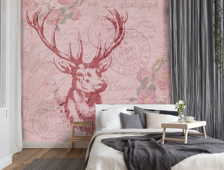 Fototapete, Shabby Chic Stil Hirsche auf rosa Hintergrund - Andrea Haase 