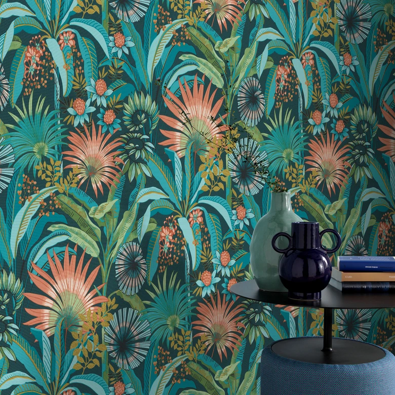Papier peint à fleurs, papier peint à fleurs, papier peint intissé turquoise Erismann Martinique 