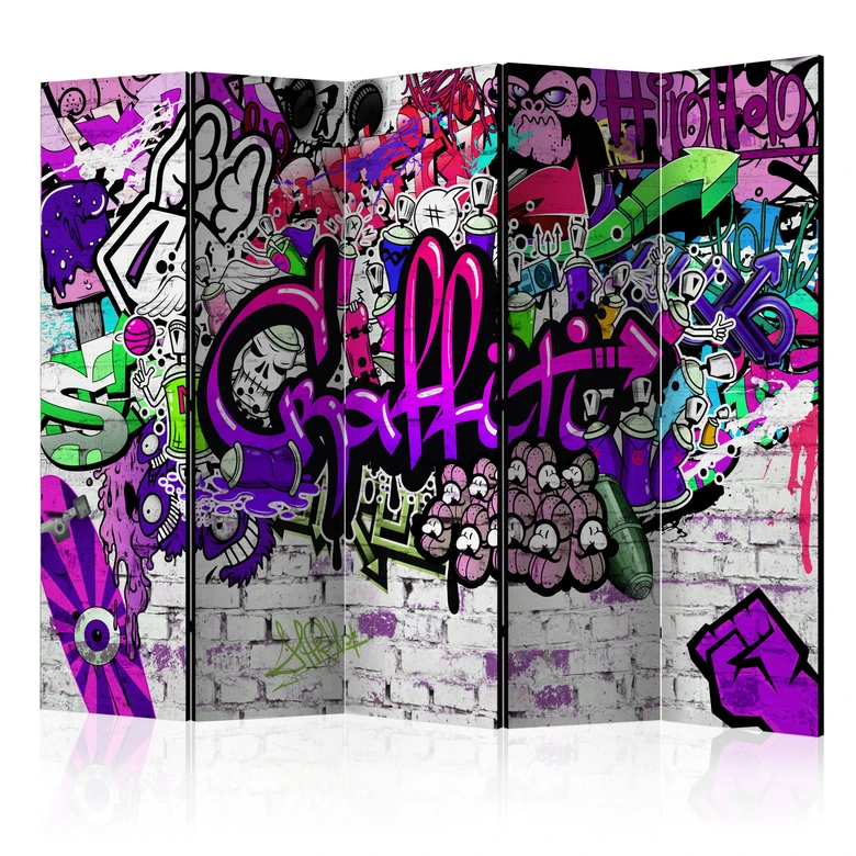 Paravent, Raumteiler freistehend, Trennwand - Lila Graffiti, 5-teilig - 225x172 cm 