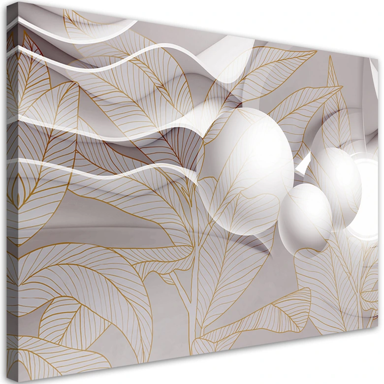 Leinwandbild, Goldene Blätter und 3D Kugeln 