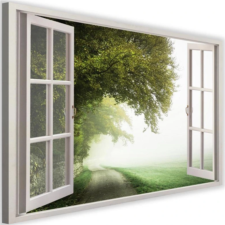 Leinwandbild, Fensterblick, nebliger Baum 