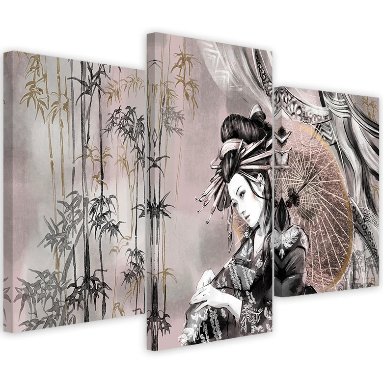 Leinwandbild 3 teilig, Geisha und Bambus 