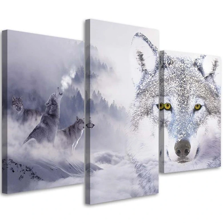 Leinwandbild 3-teilig, Grauer Wolf Nebelwald Berge 