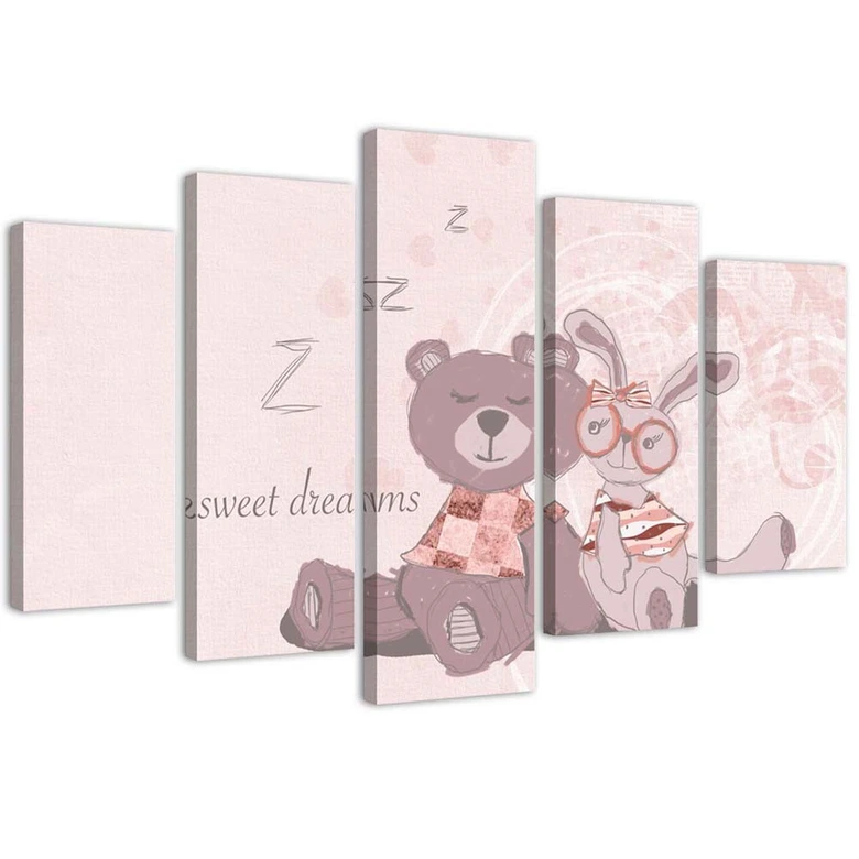 Leinwandbild 5 teilig, Teddybär Rosa Hase 