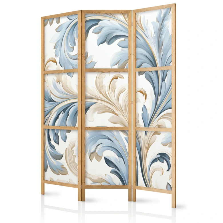 Japanischer Paravent, Raumteiler freistehend, Trennwand - Baroque Ornaments in Light - Cream-Blue Colors 