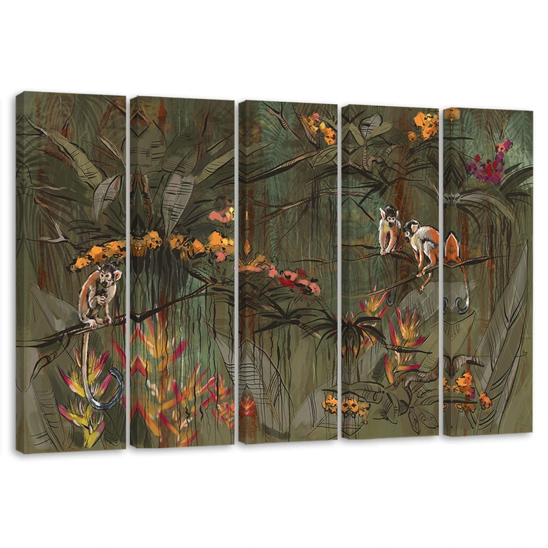 5-delige canvas print, apen in de jungle 