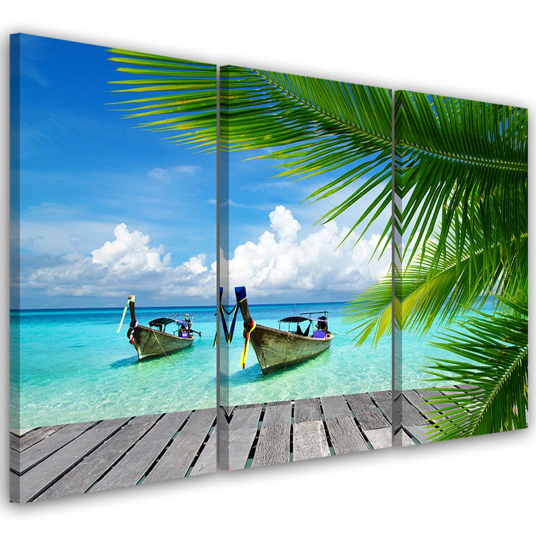 Leinwandbild 3-teilig, Tropischer Strand Boot Steg 