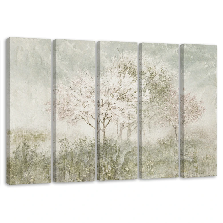 5-delige canvasprint, een bloeiende boom in de wei 
