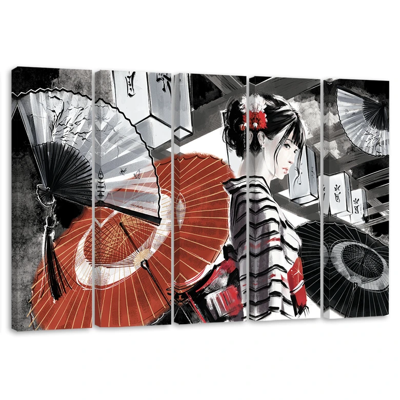 Leinwandbild 5 teilig, Geisha mit einem Fan 