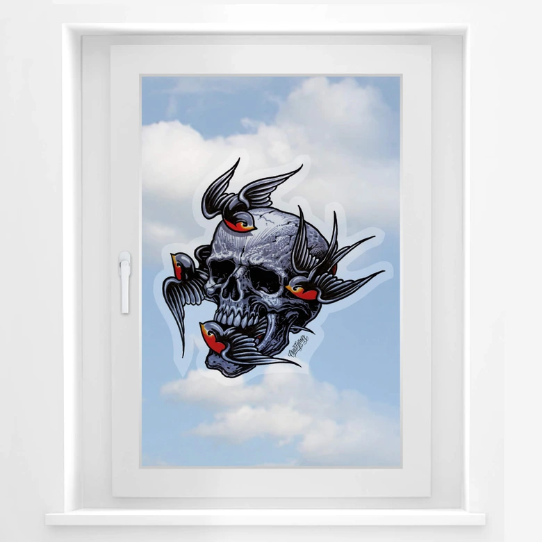 Fensterbild Miami Ink Schädel mit Schwalben 