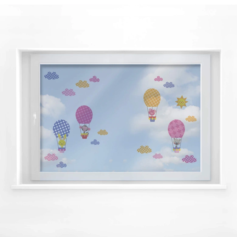 Fensterbild Muster - Lustige Tiere im Heißluftballon (Set) 
